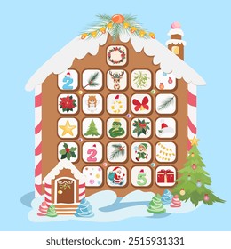 Advent calendar in the form of a gingerbread house with windows - Template design