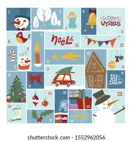 Advent calendar in funny style. Illustrations in mid-century style. Merry Holidays. Christmas stamp collection.