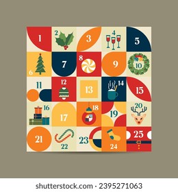 Advent calendar in geometric flat illustration. Christmas celebration, modern and minimal design.