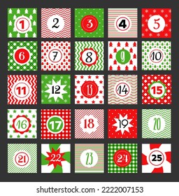 advent calendar with geometric seamless patterns in red green and white