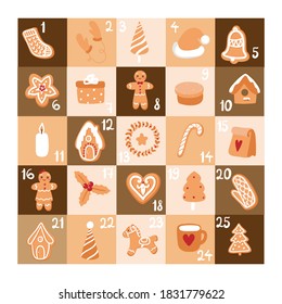 advent calendar with gingerbreads on the white background