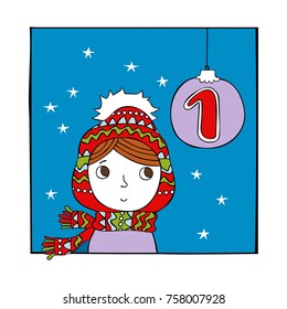 Advent calendar. Girl. Knitted hat and scarf. 1. Isolated vector objects on white background.