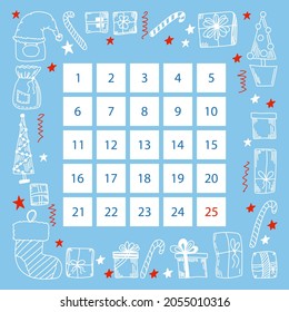 Advent calendar with hand drawn elements. Cute Christmas vector illustration for postcard, poster, kids room decor, kids art.