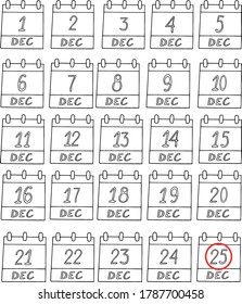 manual de calendario de advenimiento conjunto en estilo doodle. vector, escandinavo, monocromo. feriado de navidad de diciembre