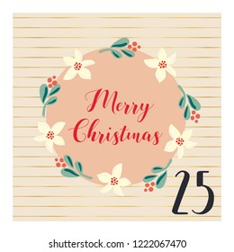 Advent calendar with hand drawn vector Christmas holiday illustration for December 25th. Mistletoe flower wreath. For poster, blog, banners, Christmas countdown. Part of my Advent calender collection