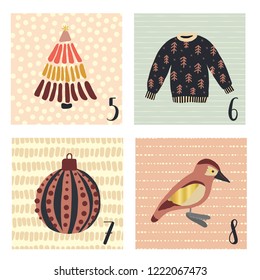 Advent calendar with hand drawn vector Christmas holiday illustrations for December 5th - 8th. Ugly christmas sweater, tree, ornament, bird. For poster, cards, blog, web banner, Christmas countdown
