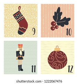 Advent calendar with hand drawn vector Christmas holiday illustrations for December 9th - 12th. Stocking, mistletoe, ornament, nutcracker. For poster, cards, blog, web banner, Christmas countdown