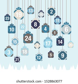 Advent Calendar Hanging Christmas Gifts Above Forest Blue And White