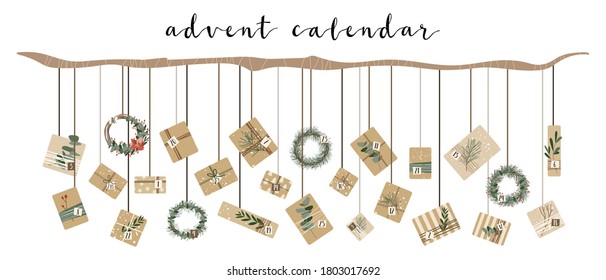 Advent calendar. Hanging christmas presents in kraft paper and wreaths, with numbers 1 to 25. Rustic gift box. Eco decoration. Xmas and New Year celebration preparation. Vector flat style