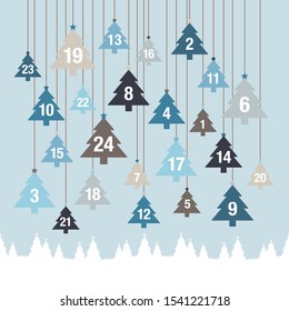 Advent Calendar Hanging Trees Above Forest Blue And Gray