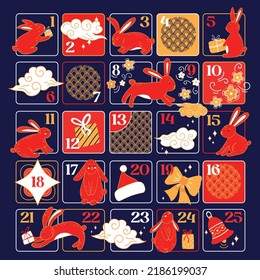 Advent calendar for happy Christmas. Chinese new year 2023 year of the rabbit. Traditional chinese colors advent calendar for Christmas for children and adults