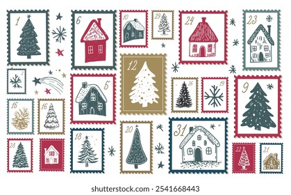 Advent calendar with house and tree on white, hand drawn illustrations.