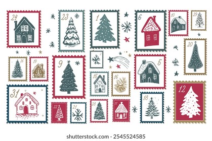 Advent calendar with house and tree on white, hand drawn illustrations.	
