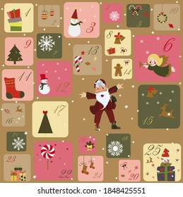 Advent calendar with the image of Santa Claus. Santa Claus is a hipster in colorful shoes and with a bag on his shoulder. Christmas Wrapping Paper