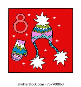 Advent calendar. Knitted cap and mitten. 8. Isolated vector objects on white background.