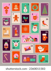 Advent Calendar, Merry Christmas poster, printable template with Xmas elements in modern minimalist style. Vector illustration and concept design