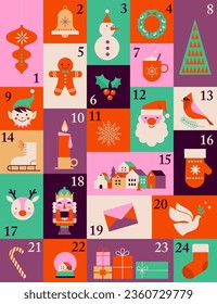 Adventskalender, Fröhliches Weihnachtsplakat, bedruckbare Vorlage mit Xmas-Elementen im modernen minimalistischen Stil. Vektorgrafik und Konzeptionsplanung