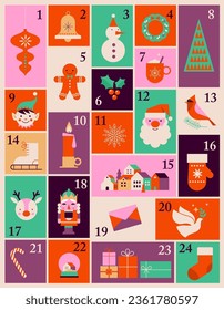 Advent Calendar, Merry Christmas poster, printable template with Xmas elements in modern minimalist style. Vector illustration and concept design