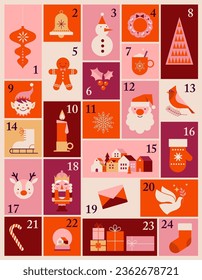 Advent Calendar, Merry Christmas poster, printable template with Xmas elements in modern minimalist style. Vector illustration and concept design