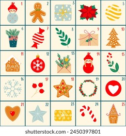 Advent Calendar, Merry Christmas poster, printable template with Xmas elements. Vector illustration