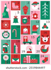   Calendário do advento, cartaz de Natal alegre, modelo imprimível com elementos de Natal no estilo minimalista moderno