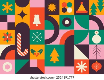 Advent Calendar, cartaz de Natal alegre, modelo imprimível com elementos de Natal no estilo minimalista moderno. Ilustração vetorial e design conceitual.Época de férias, na moda, design abstrato contemporâneo. 