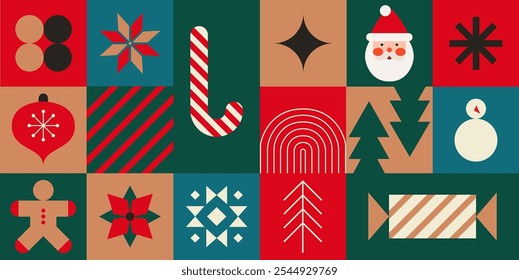 Advent Calendar, cartaz de Natal alegre, modelo imprimível com elementos de Natal no estilo minimalista moderno. Ilustração vetorial e design conceitual.Época de férias, na moda, design abstrato contemporâneo. 