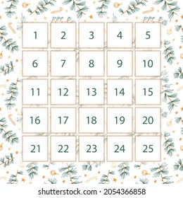 Advent calendar in minimal style with a pattern of Christmas tree on the background. Vector illustration template for printing.