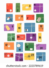 Advent calendar. Multicolored gift boxes for stickers, packaging, postcards. Christmas decor.

