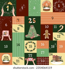 Advent calendar. New Year and Xmas poster for December. Presents. Vector.