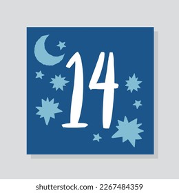 Advent calendar with number 14. Blue card with snowflakes and abstract patterns. Moon with stars, design element for gift or present wrapping. Cartoon flat vector illustration