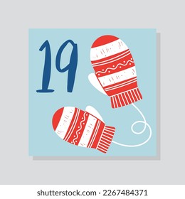 Calendario anticipado con el número 19. El rojo imita con patrones blancos sobre fondo azul. Cultura y tradiciones. Plantilla, disposición y burla. Dibujo vectorial plano de dibujos animados