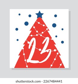 Adventskalender mit der Nummer 23. Roter Weihnachtsbaum mit weißem Grönland unter Schnee. Feste und Feiertage. Design-Element für die Grußkarte. Cartoon-Flavektor-Vektorgrafik