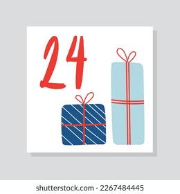 Advent calendar with number 24. Gift or present boxes and surprise. Traditions and culture, New Year and Christmas. Template, layout and mock up. Cartoon flat vector illustration