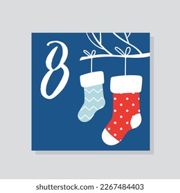 Advent calendar with number 8. Socks hang on white branch. Gift wrapping design for gifts, surprises and presents. Template, layout and mock up. Cartoon flat vector illustration