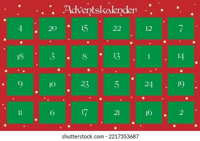 Advent calendar numbered with 24 doors,
Tradition in Advent,
Vector illustration in red green

