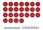 Advent calendar numbers 1 to 25 in red scalloped circle tags, countdown design for Christmas, flat vector