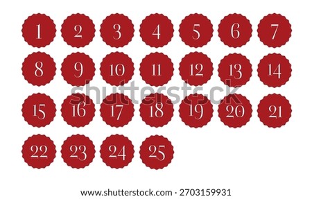 Advent calendar numbers 1 to 25 in red scalloped circle tags, countdown design for Christmas, flat vector