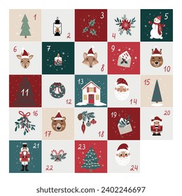 Advent calendar with Nutcracker, Santa, animals, Christmas decorations and numbers.