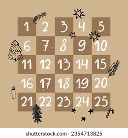 Advent calendar on brown kraft paper. Countdown to Christmas with doodle holidays illustrations, vector template for festive poster and gifts design