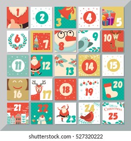 Advent calendar for opening on christmas holidays. Greeting card template set. Vector xmas layout design. Santa, reindeer, snowman, cookie, birds and holly elements background.