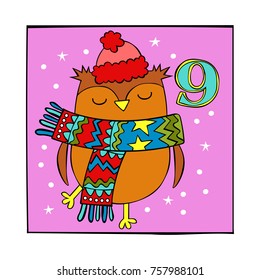 Advent calendar. Owl. Knitted hat and scarf. White dots. 9. Isolated vector objects on white background.