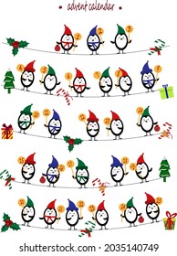 Advent calendar with penguins. Christmas print. Vector illustration isolated on white background. For children, prints, postcards, congratulations, gifts.