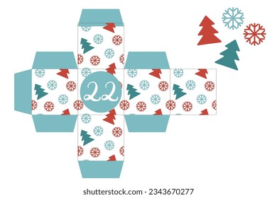 Caja de regalo de Calendario Imprimible. Plantilla imprimible de caja de regalo. Concepto de Año Nuevo y Navidad. Número 22