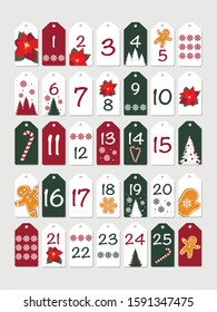 Advent Calendar. Printable tags collection for Merry Christmas and Happy New Year. Cards with numbers of days of December, Snowflakes, Gingerbread Man, Poinsettia, Christmas tree, Candies for gifts.