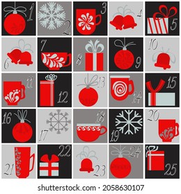 Advent calendar in red-gray colors, set of cards with festive christmas attributes vector illustration