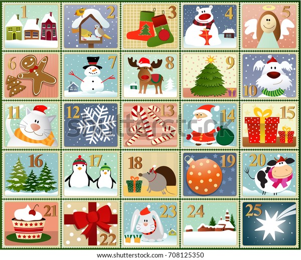  Foto zu Adventskalender - Satz von Winterzeichnungen: Stock-Vektorgrafik 