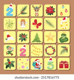 Calendário do advento com adesivos, modelo - Conjunto de clip art de Natal para crianças