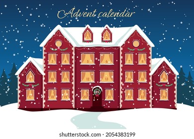 Advent calendar template. Christmas house  with countdown windows. Merry Christmas poster. Vector illustration.