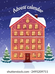 Advent calendar template. Christmas house with countdown windows. Vector illustration.